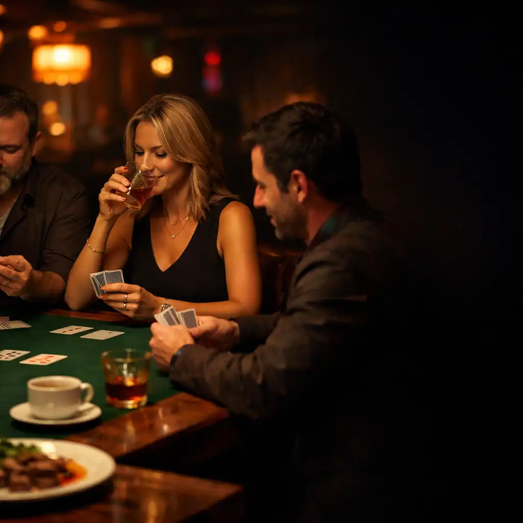 Goście przy prawdziwym stole pokerowym w kameralnym wnętrzu Miejskiego Weranda