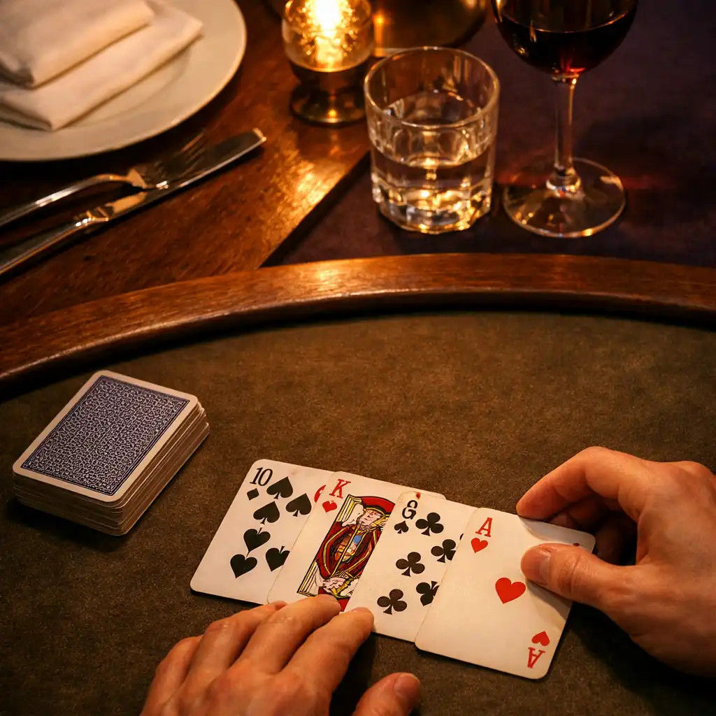 Detal kart, szkła i nakrycia na prawdziwym stole w poker lounge