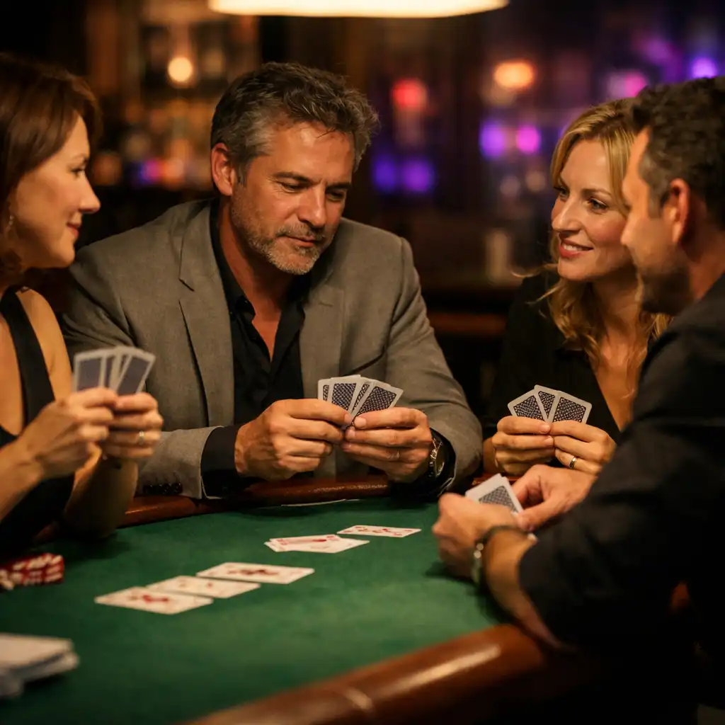 Dorośli goście przy prawdziwym stole pokerowym w stacjonarnym lounge