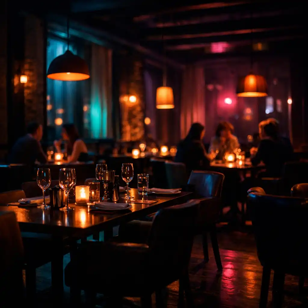 Nocne wnętrze restauracji ze stołami, lampami i dyskretnym kolorowym światłem