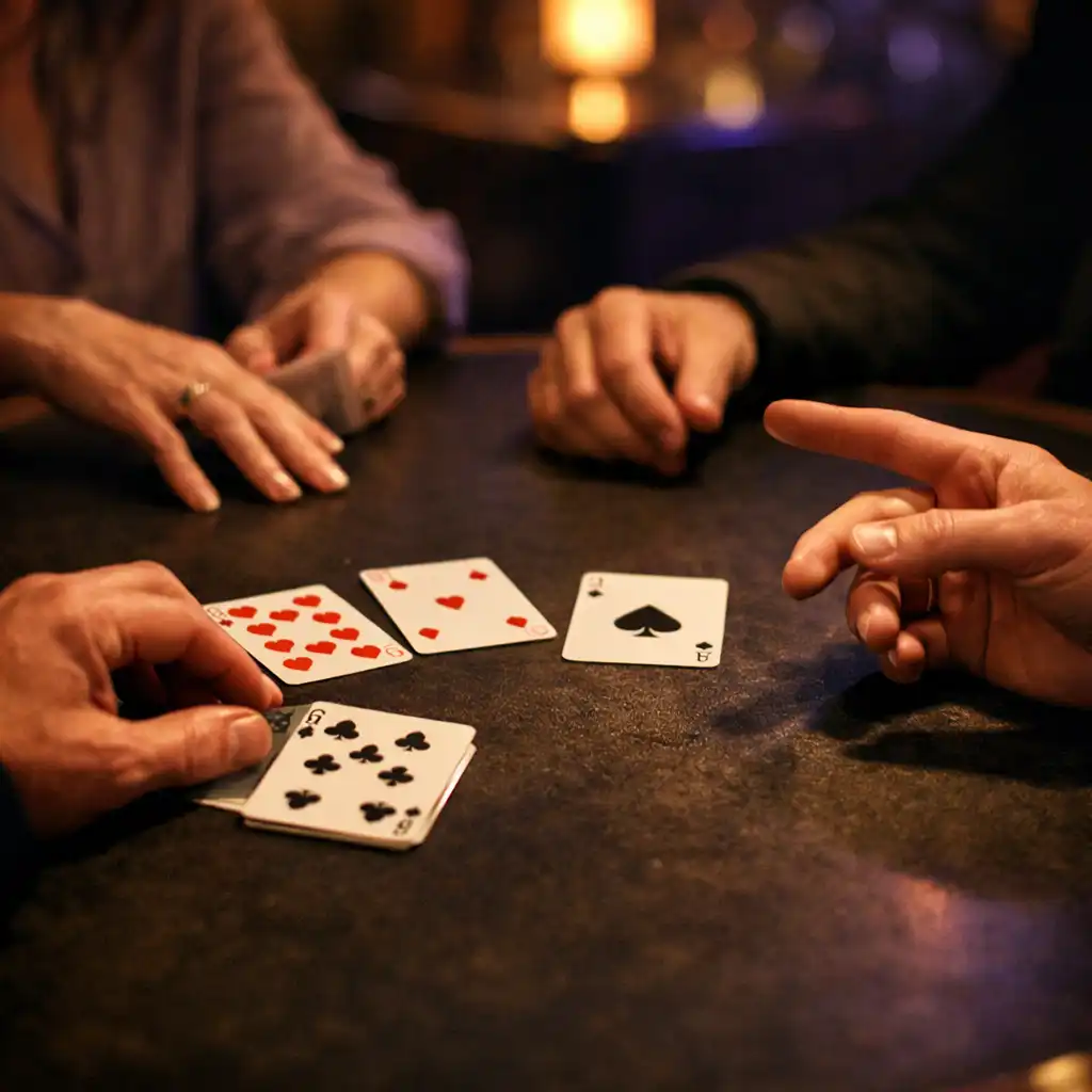 Dłonie kilku osób i zwykłe karty do gry na prawdziwym stole pokerowym