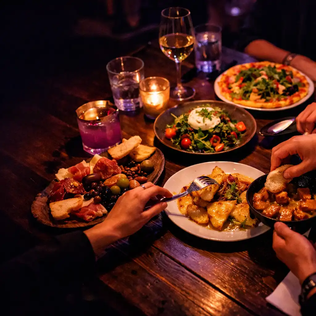 Wieczorny restauracyjny stół z potrawami i dłońmi gości