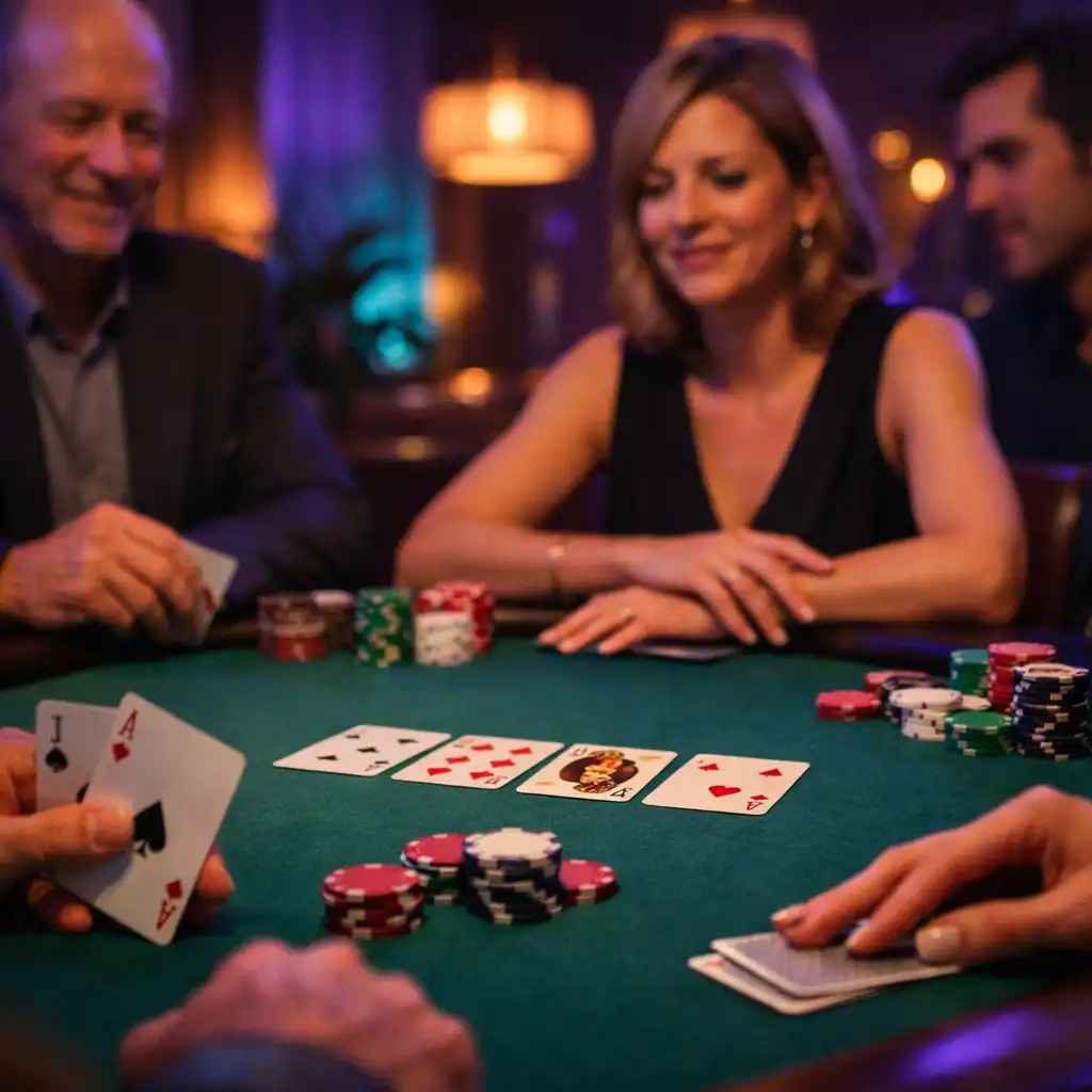 Dłonie gości i karty przy prawdziwym stole pokerowym w kameralnym lounge'u