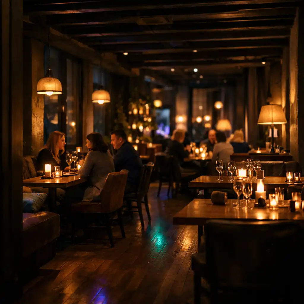 Nocne wnętrze restauracji z gośćmi rozmawiającymi przy stołach