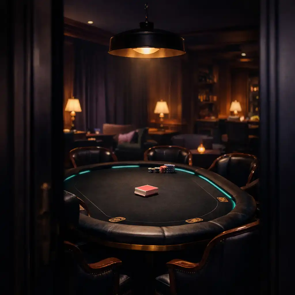 Nocne wnętrze lounge z prawdziwym stołem pokerowym, krzesłami i talią kart