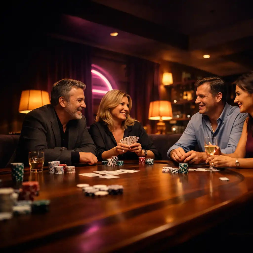 Dorośli goście rozmawiają przy prawdziwym stole pokerowym w nocnym wnętrzu restauracji