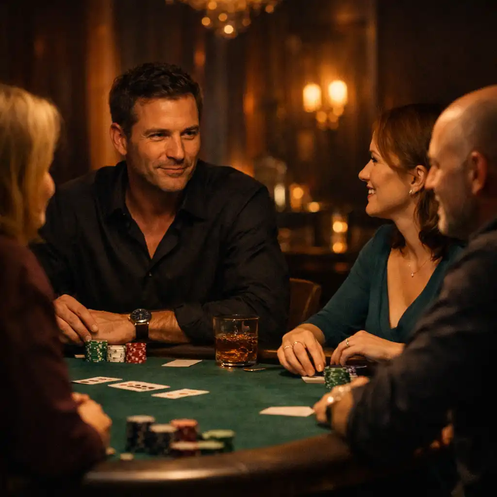 Mała grupa dorosłych osób rozmawia przy prawdziwym stole pokerowym podczas kameralnego wieczoru