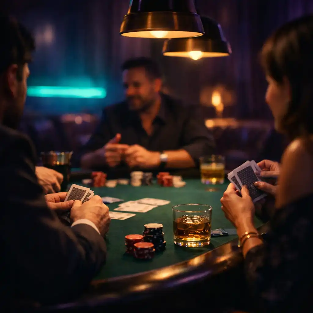 Dłonie dorosłych osób z kartami przy prawdziwym stole pokerowym