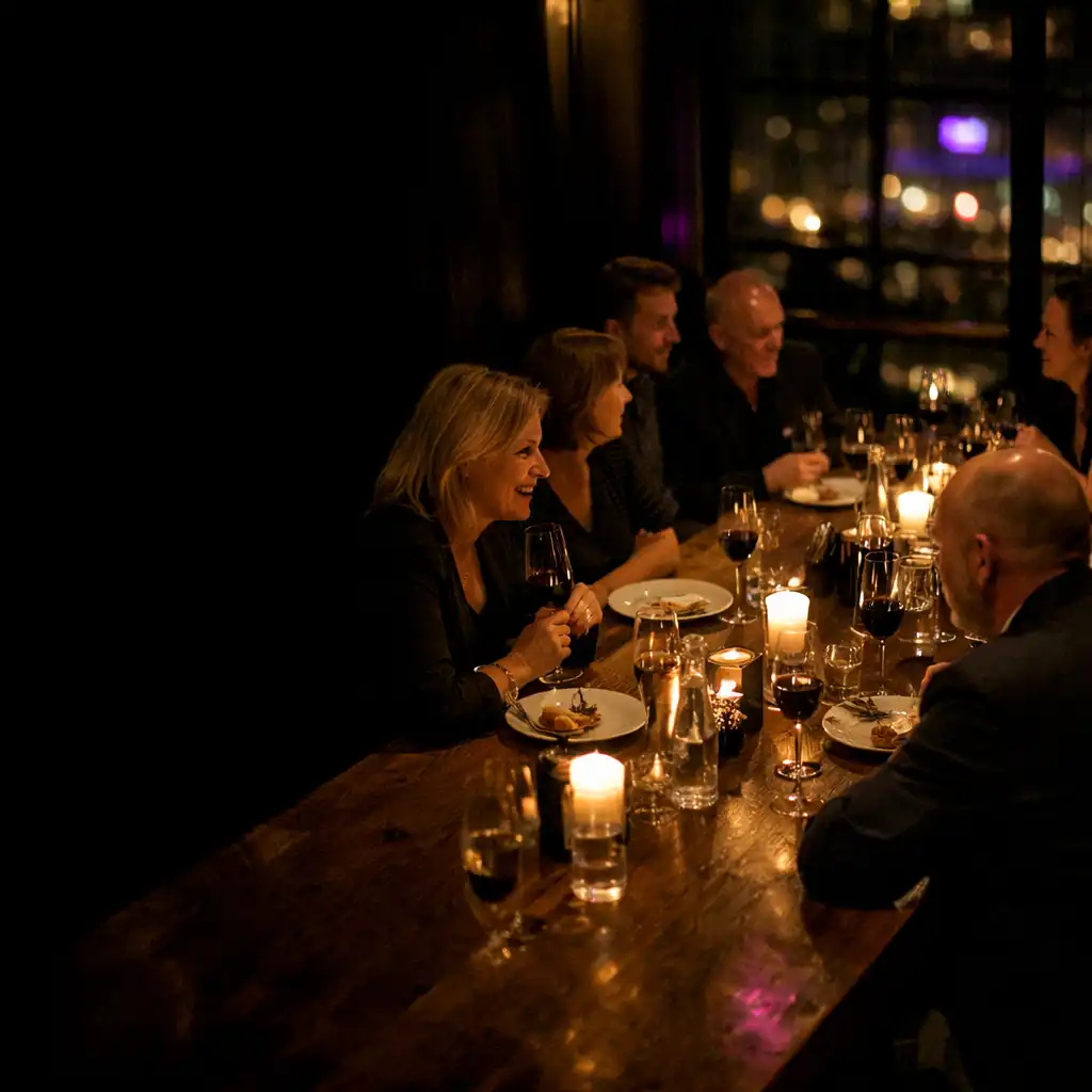 Goście rozmawiający przy długim stole podczas prywatnego wieczoru w restauracji